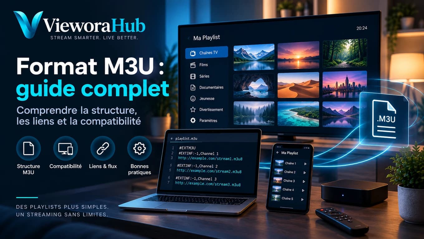 Structure d’un fichier de playlist M3U, affichée sur un ordinateur et un téléviseur