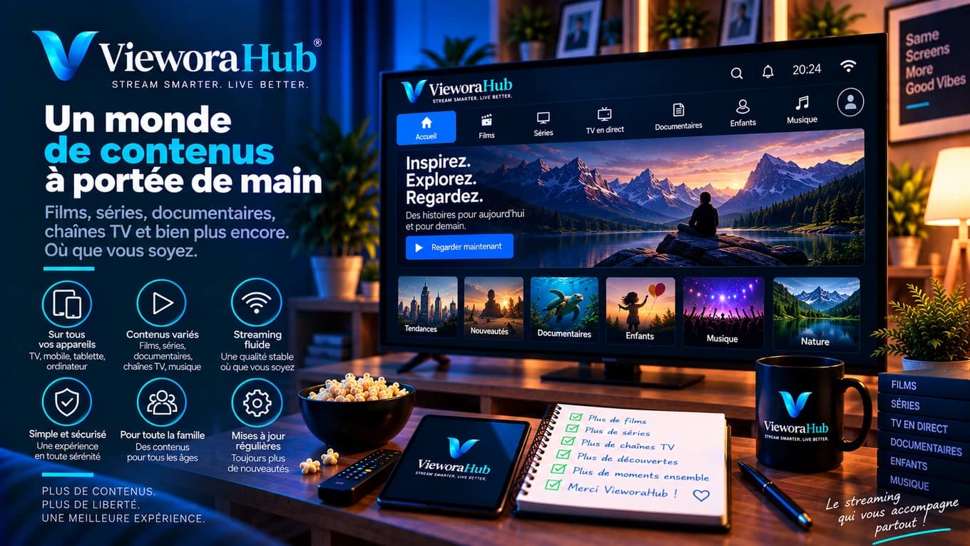 Un téléviseur affichant l’interface d’un lecteur IPTV et ses catégories de contenus
